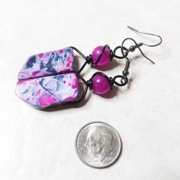 Black Gray & Rose Pink Agate + Sugilite Earrings ~ Wire Wrapped & Unique - Picture 3 of 6